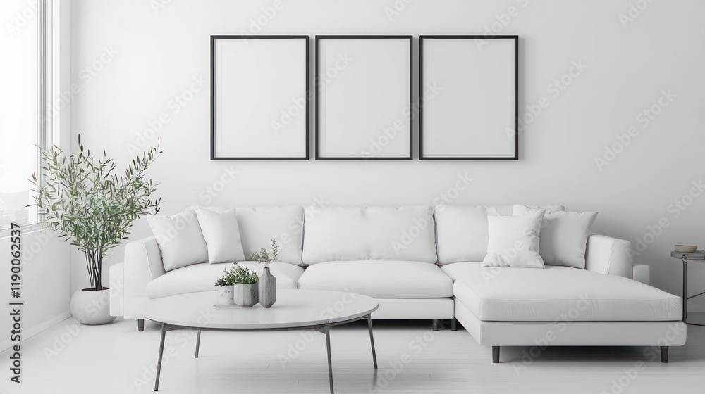 Fototapeta premium Elegant room with a single dining table and triple mockup frames designed to create an expansive ad display.