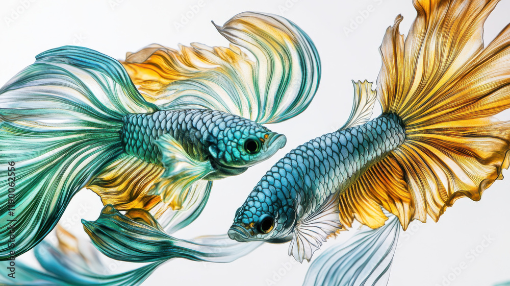 Fototapeta premium A stunning close-up of a pair of exotic tropical fish in vibrant emerald green and golden yellow scales, hovering elegantly in crystal-clear water. The background is pure white for clarity, featuring 