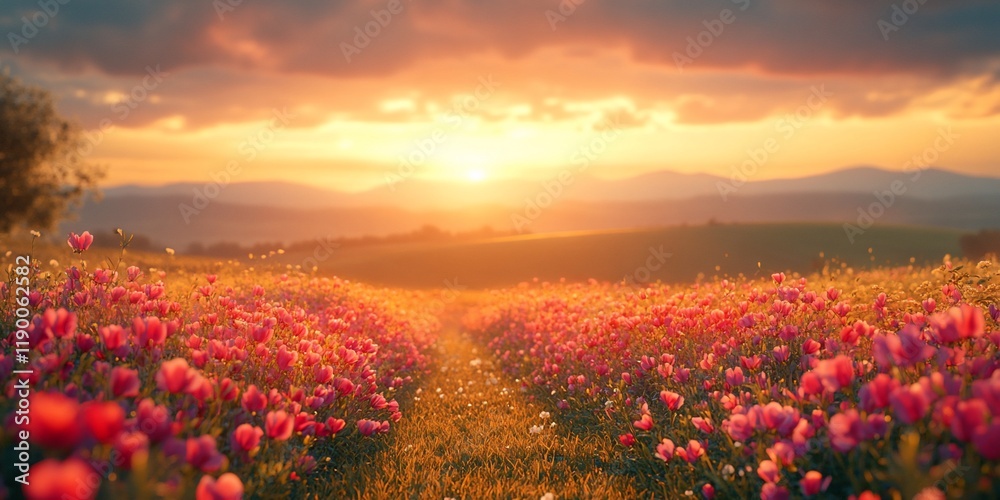 Fototapeta premium Sunset over field, pink flowers, path, hills. Calming nature scene