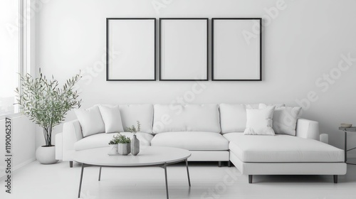 Elegant room with a single dining table and triple mockup frames designed to create an expansive ad display.