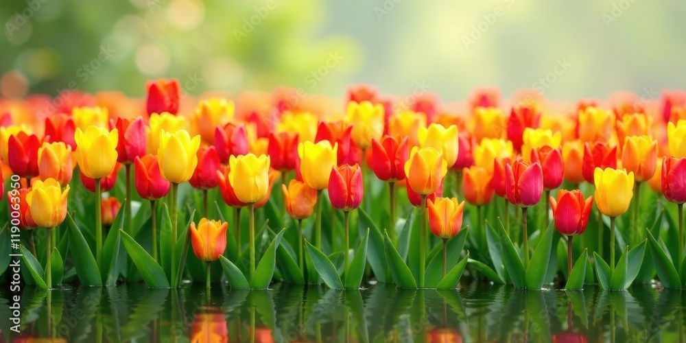 Obraz premium Vibrant spring tulips reflected in tranquil water, a breathtaking display of red and yellow blooms in a serene garden setting