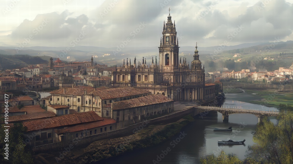 Naklejka premium Historic city skyline with river