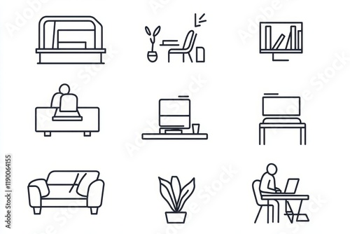 work from home line icons illustrating remote work concepts and activities featuring a minimalist design that captures the essence of modern workplace flexibility