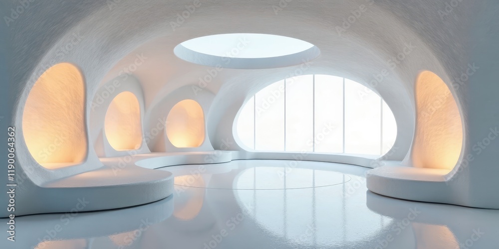 Fototapeta premium Serene White Architectural Interior with Soft Illumination and Expansive Window