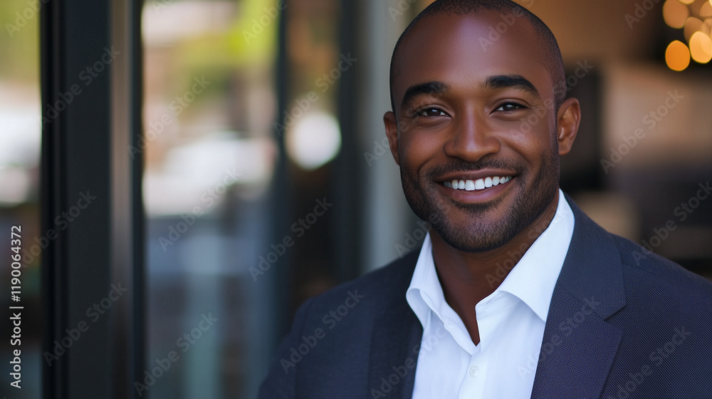Professional portrait of a confident CEO smiling in business attire with a modern office background
Professional portrait of a confident CEO smiling in business attire with a modern office background