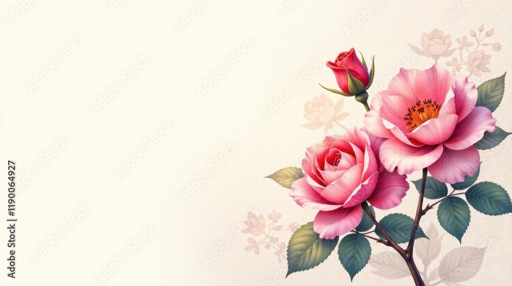 Fototapeta premium Elegant Pink Roses with Soft Background and Delicate Foliage for Romantic Designs