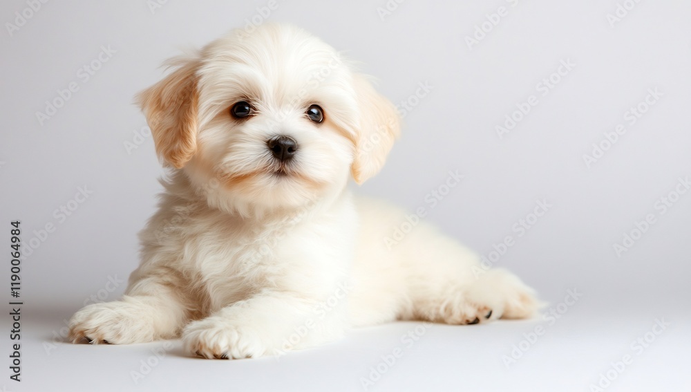 Fluffy white puppy lying down, studio shot, grey background, pet adoption Fluffy white puppy lying down, studio shot, grey background, pet adoption