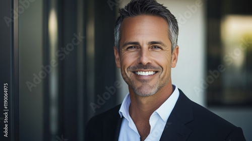 Professional portrait of a confident CEO smiling in business attire with a modern office background






