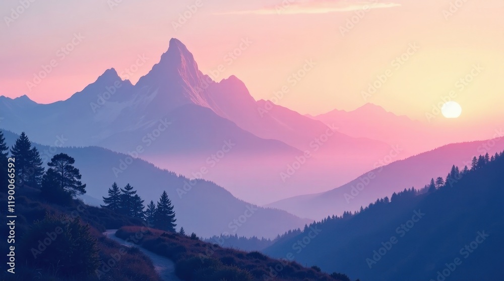 Serene Sunset Over a Majestic Mountain Range, with a Winding Path Through Verdant Hills Serene Sunset Over a Majestic Mountain Range, with a Winding Path Through Verdant Hills