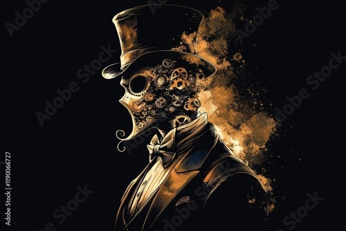 A mysterious man dons a top hat and mask in a captivating steampunk illustration.
