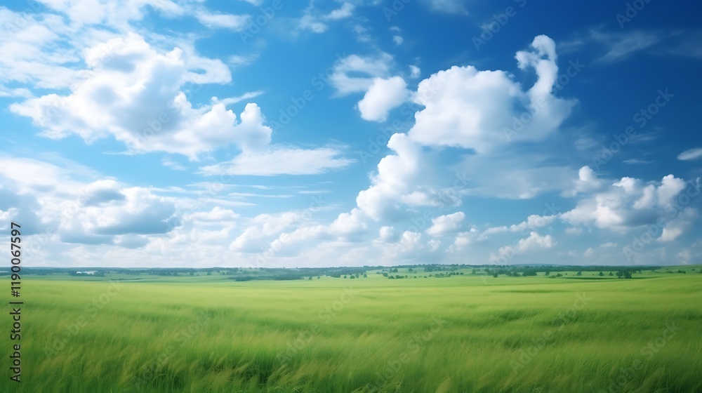 Serene Green Field Under a Blue Sky with Fluffy Clouds Serene Green Field Under a Blue Sky with Fluffy Clouds