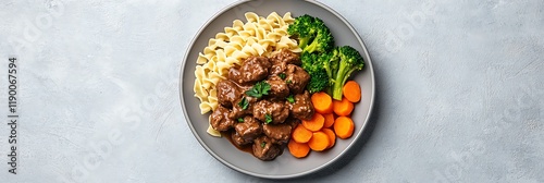 Comfort Food Plate with Beef, Noodles, Vegetables, and Carrots
