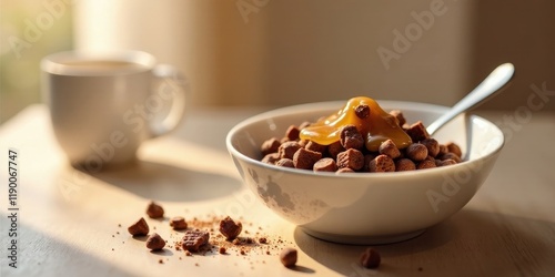 A bowl of crunchy, chocolatey cereal with a drizzle of sweet honey, accompanied by a warm mug of coffee, bathed in the soft glow of morning sunlight. photo