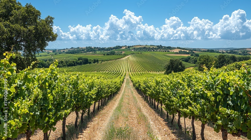 Naklejka premium Lush green vineyard rows stretching to distant hills under a bright blue sky with fluffy clouds.