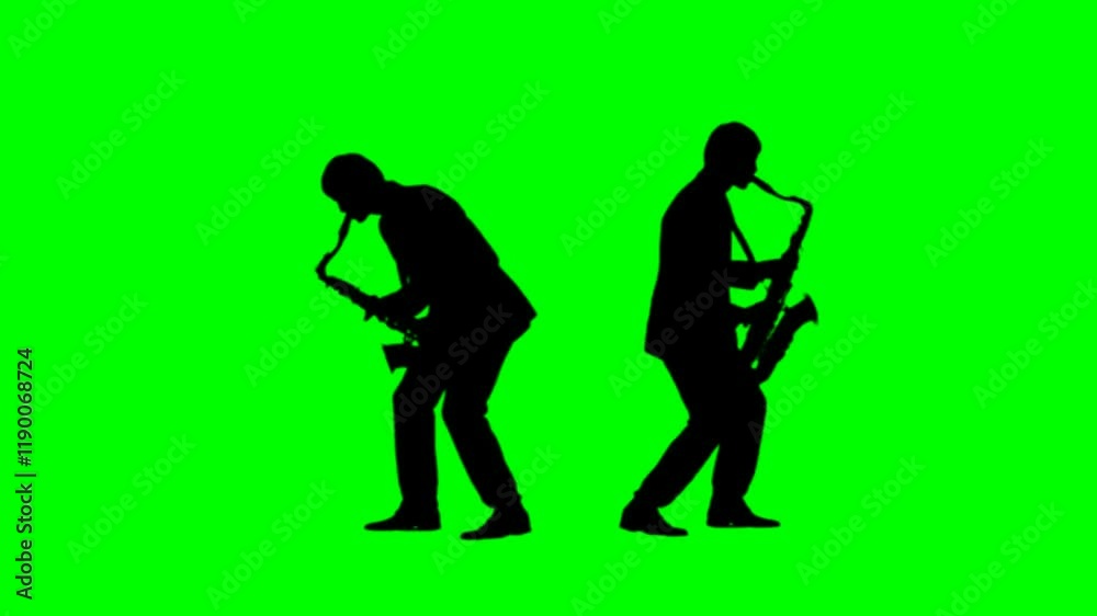 Two male musicians playing saxophone in slow motion. Black silhouette Two male musicians playing saxophone in slow motion. Black silhouette