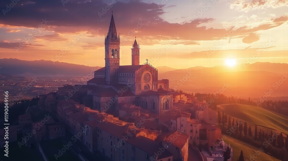 Sunset over a historic town and basilica Sunset over a historic town and basilica