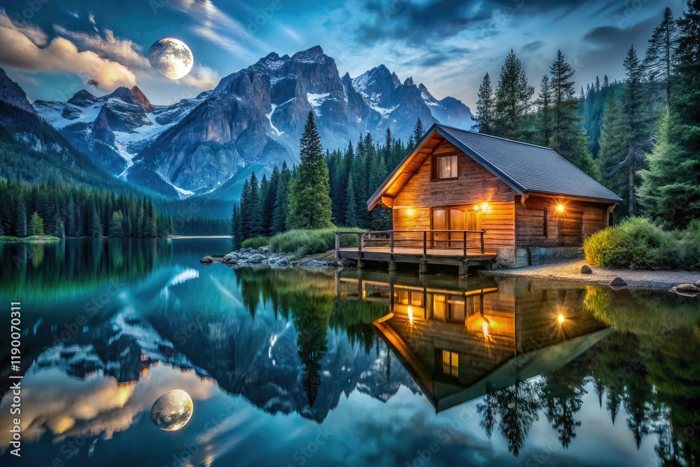 Fototapeta premium Alpine lake cabin: mountain majesty, crystal-clear waters, captivating night photography.