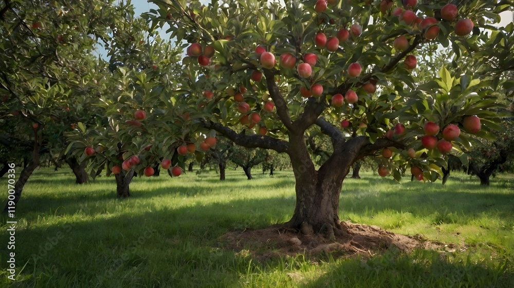 Naklejka premium A solitary apple tree in the middle of a lush orchard