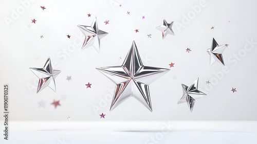 3d chrome stars set in a futuristic y2k style isolated on white background. Render 3d cyber chrome galaxy emoji with falling and flying stars, blings and sparks. photo