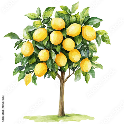 A watercolor painting of a lemon tree, isolated on a white background. Lemon tree vector.
