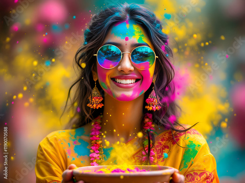 Holi festival of color young beautiful girl or woman or lady in indian attire saree playing holi with dry organic color or colour or gulal or abeer or Holi powder placed in clay bowl with flowers photo