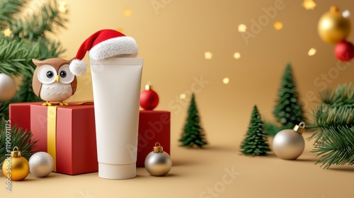 Cosmetic Tube with Santa Hat on Gift Box Surrounded by Holiday Decor photo