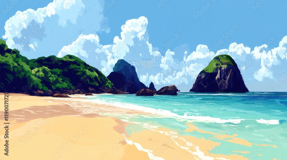 Naklejka premium Serene Island Beachscape: A Digital Painting of Tranquil Coastal Beauty