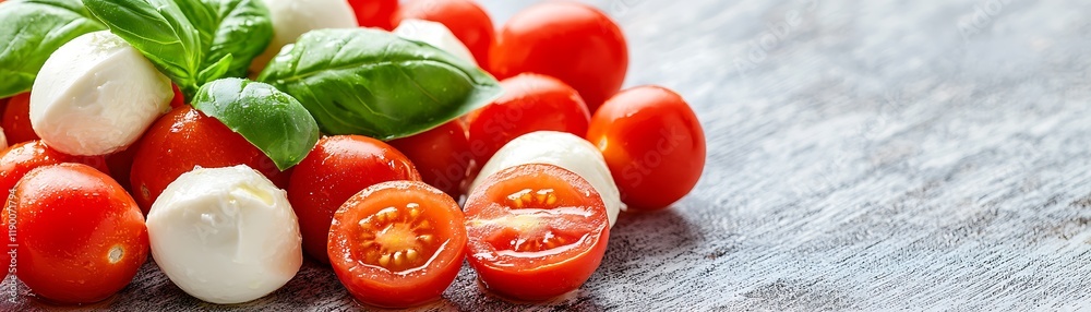 Fresh Cherry Tomatoes and Mozzarella Cheeses with Basil Leaves Fresh Cherry Tomatoes and Mozzarella Cheeses with Basil Leaves