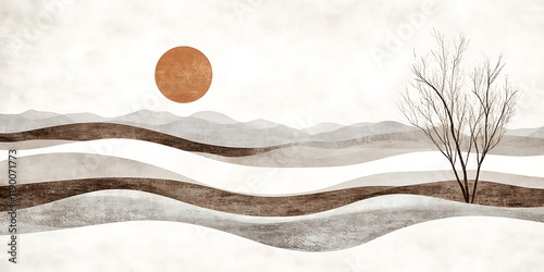 Serene minimalist landscape rolling hills, lone tree, setting sun. Wall art