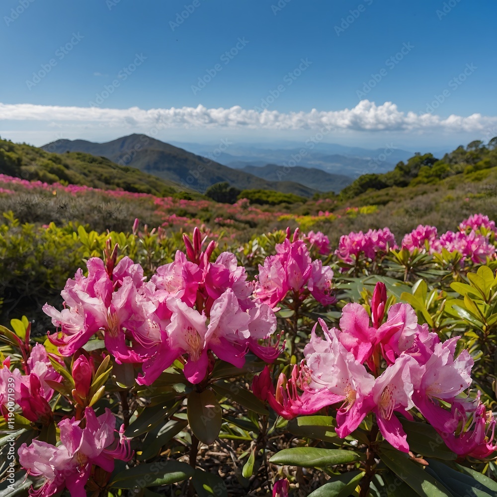 Obraz premium Butterflies Fluttering Over a Field of Rhododendron Kanehirai Under a Clear Blue Sky