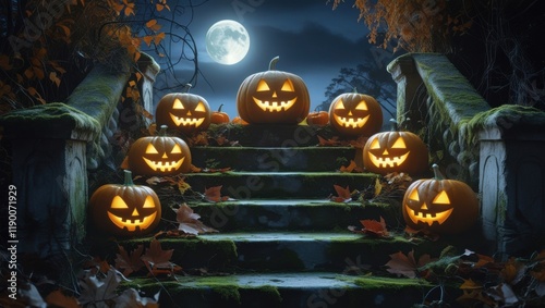 A spooky yet inviting scene of worn, moss-covered stone steps adorned with a row of five to seven Jack-o'-lanterns in various sizes, their faces aglow with warm, golden light, nestled among autumn lea photo