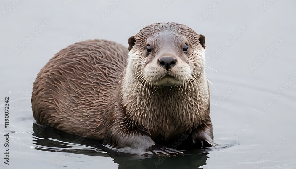 A wet otter floats calmly in the water A wet otter floats calmly in the water