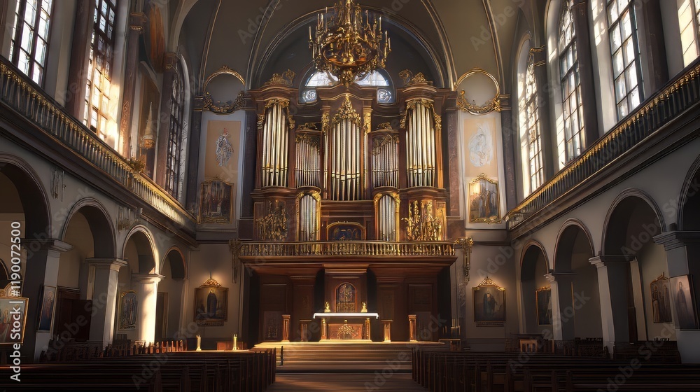 Naklejka premium Grand church interior with pipe organ