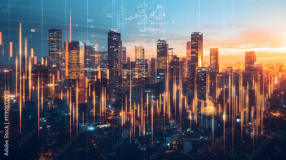 Fototapeta premium A Stunning Panoramic View of a Futuristic City Skyline at Sunset with Vibrant Colors and Dynamic Visual Elements Symbolizing Growth and Innovation
