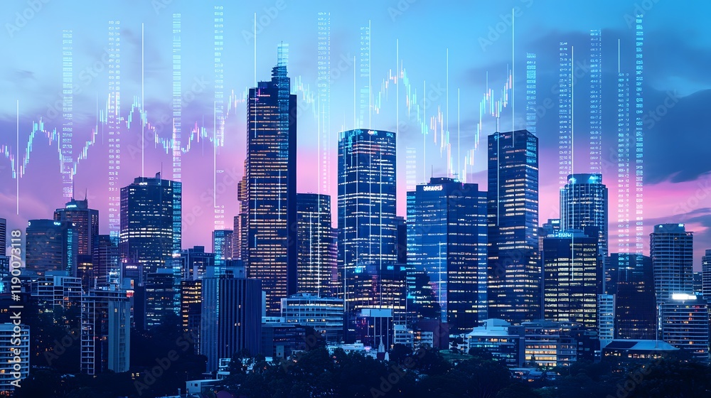 Obraz premium Futuristic Panoramic View of a Modern City Skyline with Skyscrapers, Digital Effects, and a Beautiful Colorful Background at Dusk