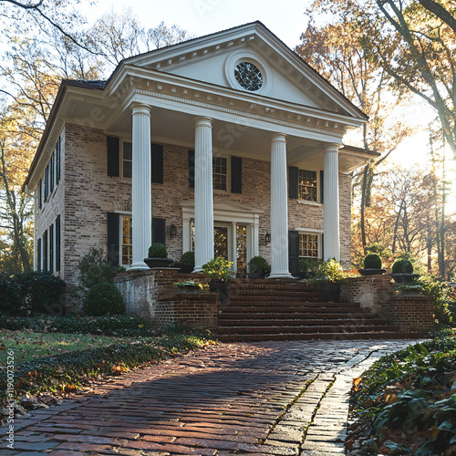 A colonial-style house with white columns, shutters, and a brick pathway photo