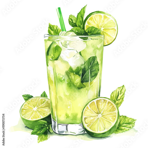 A watercolor vector of lemon lime mint juice, isolated on a white background. Lemon lime mint juice vector.
