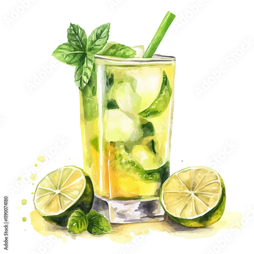 A watercolor vector of lemon lime mint juice, isolated on a white background. Lemon lime mint juice vector.
