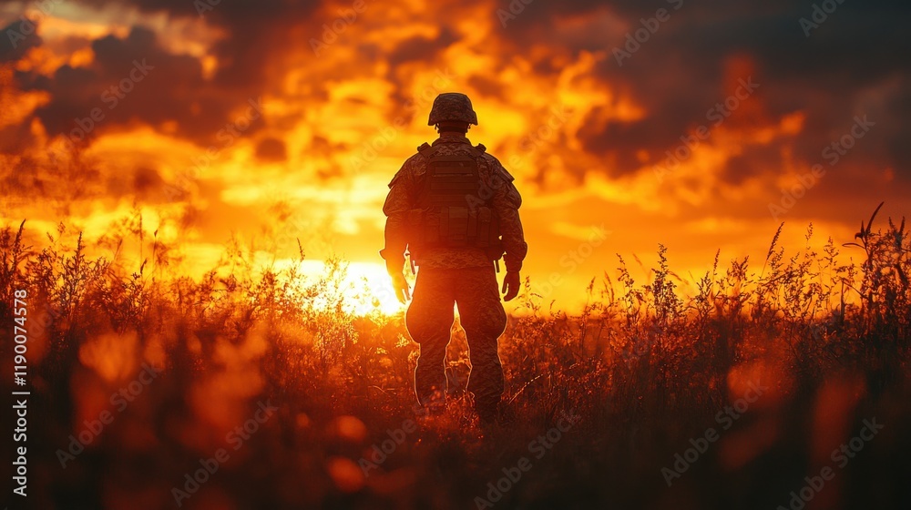 Fototapeta premium coming home silhouette of a solider in a rural area