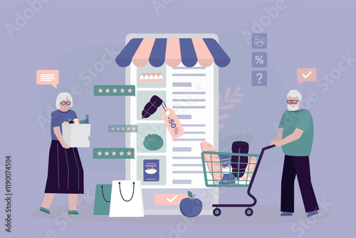 Online food shopping by mobile phone. Grandparents ordering food and grocery goods on cellphone app. Elderly people internet shopping in online supermarket