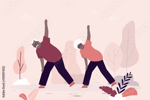 Senior couple exercising at city park. Outdoor yoga classes for elderly people. Healthy lifestyle, Body flexibility training. Pensioners male and female characters workout.