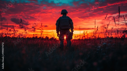 coming home silhouette of a solider in a rural area