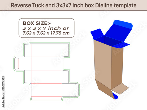 Reverse Tuck end 3x3x7 inch box Dieline template