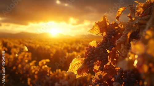 Sunset over vineyard with ripe grapes. photo