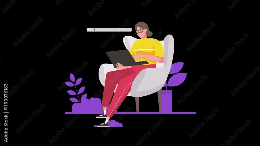 A woman of European descent sits in a chair using a laptop, surrounded by plants, in a modern flat concept style.