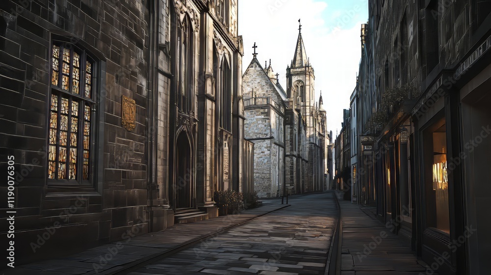 Historic cobblestone street with church Historic cobblestone street with church