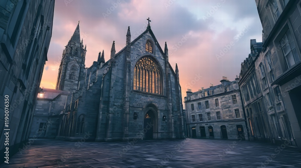 Fototapeta premium Gothic church at sunset, city scene