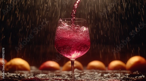 Wine pouring, rain backdrop, fruit foreground, drink advertisement photo