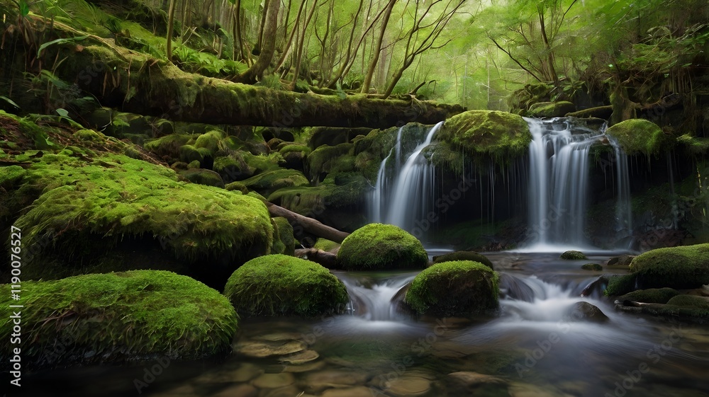 A single waterfall cascading over moss-covered rocks A single waterfall cascading over moss-covered rocks
