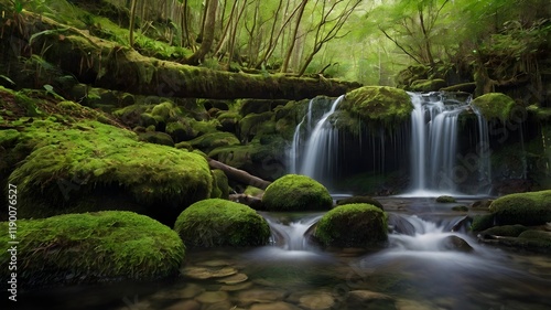 A single waterfall cascading over moss-covered rocks